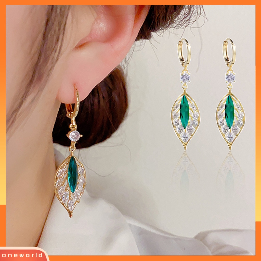 [ONE] 1pasang Anting Retro Berlian Imitasi Daun Anting Hoop Liontin Geometris Menakjubkan Pernyataan Perhiasan Untuk Wanita