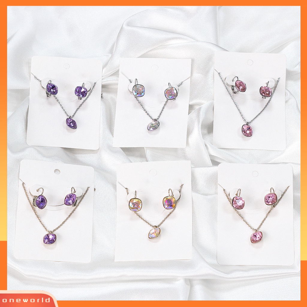 [ONE] 1set Wanita Anting Kristal Imitasi High Gloss Geometris Temperamen Menawan Dekorasi Cahaya Yang Indah Mewah Square Pendant Kalung Wanita Aksesori