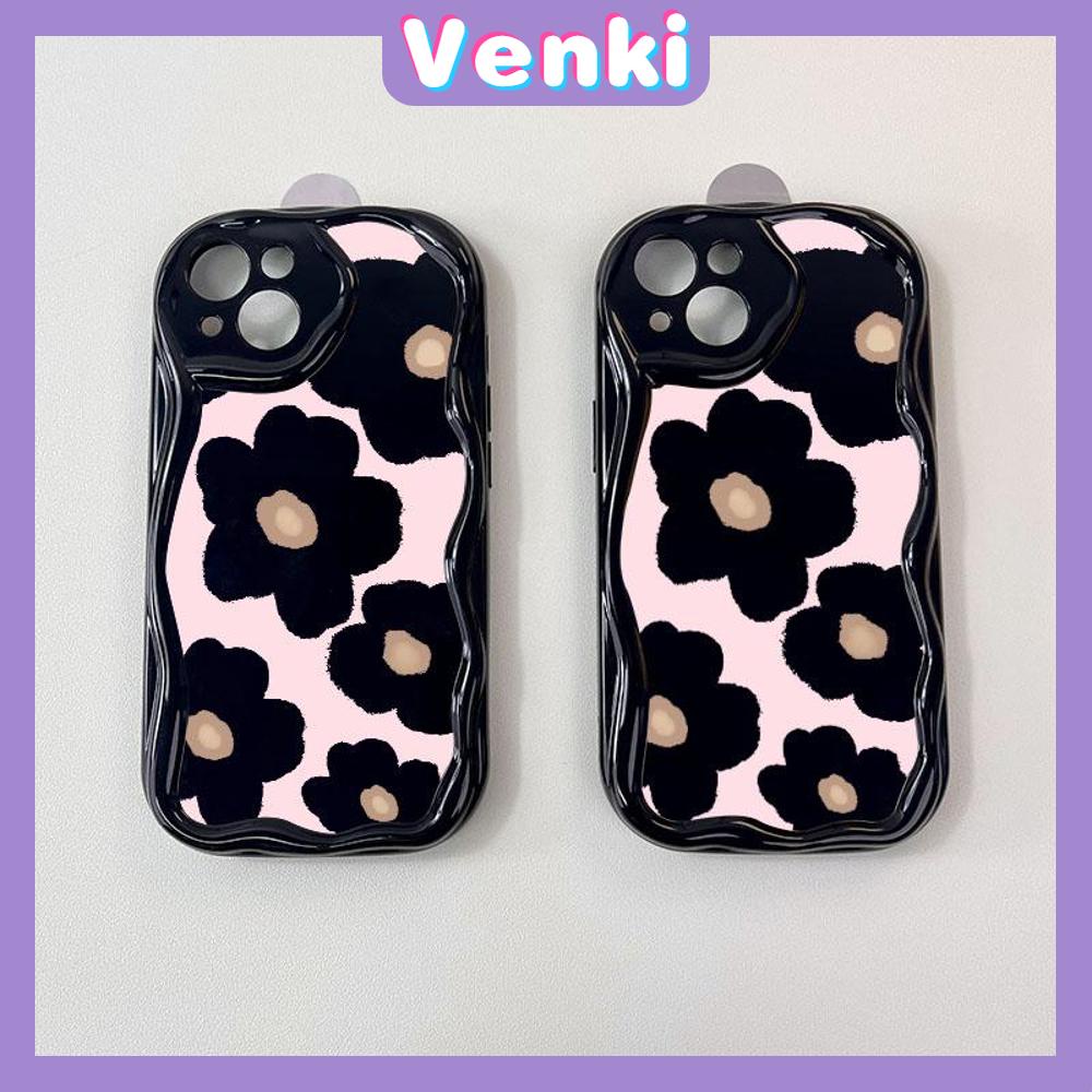 VENKI - Untuk iPhone 11 Case Curved Edge Wave Case Glossy Black TPU Airbag Tahan Guncangan Kamera Case Bunga Lucu Kompatibel dengan iPhone 14 13 Pro max 12 Pro Max xr xs 7Plus 8PLus