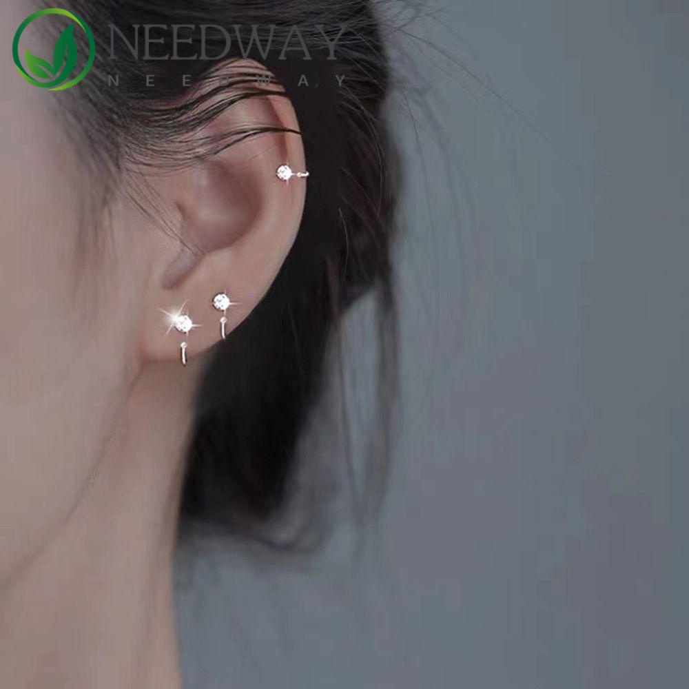 Needway   Sterling Silver Anting Kepribadian Elegan Wanita Tindik Telinga Perhiasan Fashion Zirkon Anting Kecil Hoop