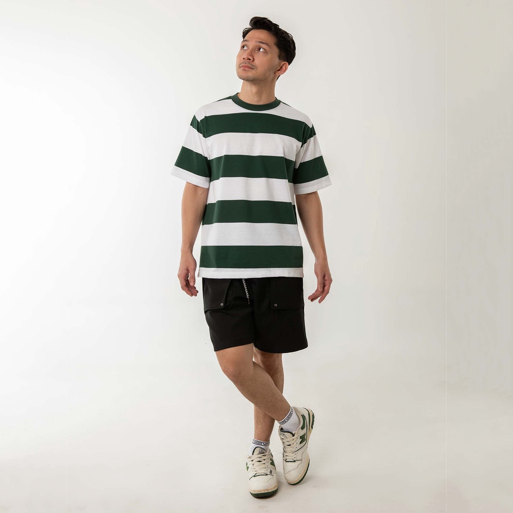 Kaos Polos Pria Garis WOODCUTTER White Green - Putih Hijau Oversize SS T-shirt Lengan Pendek