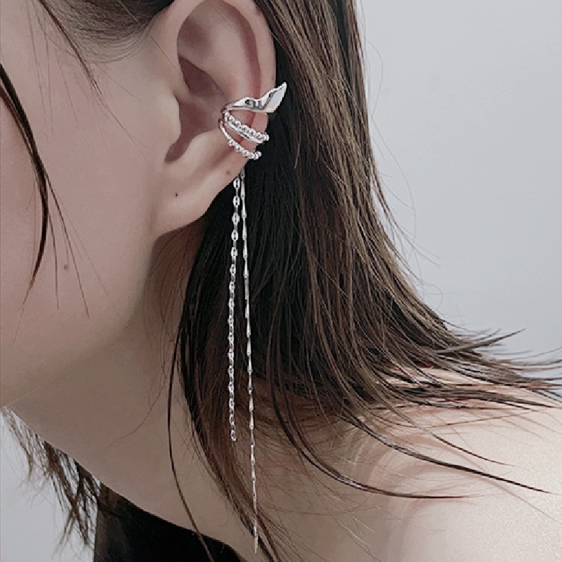 Anting Tulang Rawan Palsu Perak Menjuntai Anting-Anting Panjang Rumbai Telinga Tulang Klip Korea Panjang Rumbai Klip Anting-Anting Wanita Gothic Peri Tanpa Tindik Klip Telinga Wanita Perempuan Trendi Punk Telinga Klip