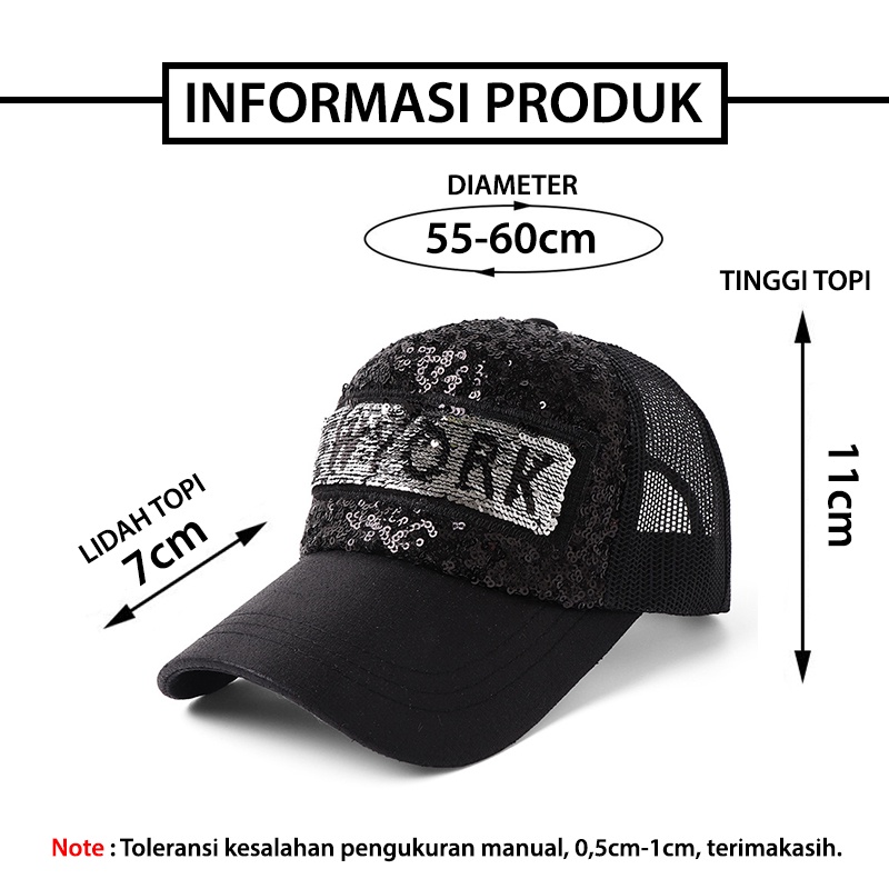 Topi Baseball Pria Wanita New York NY Motif Manik Sequin Glitter Gaya Korea Kece BSBQ