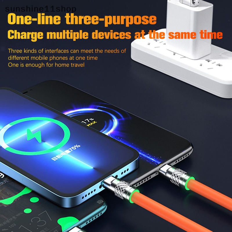 Sho Menebal 3in1 120W USB Fast Charger Cable Untuk Micro USB Type-C Charging Cable Dengan Lampu Untuk Huawei Samsung Xiaomi Data Line N