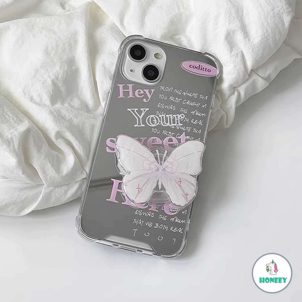 Ins Pink English Mirror Phone Case Untuk iPhone 14 Pro Max11 12 13 Pro Max XS XR 8 7plus Butterfly Stand Anti-Shock Back Cover