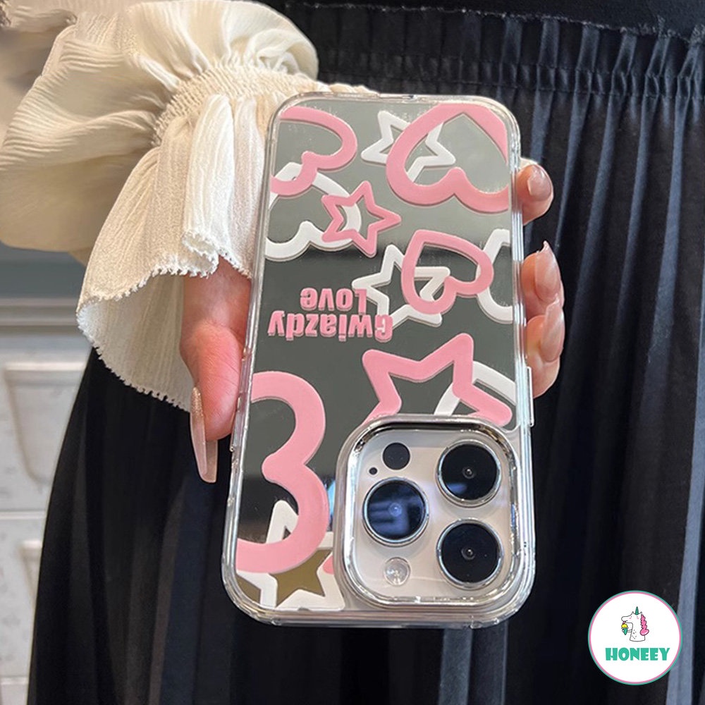 IPHONE Cute Pink Love Stars Makeup Mirror Phone Case Untuk Iphone14 12 13 Pro Max11 Gadis Kasus Gaya Silikon Pelindung Cover