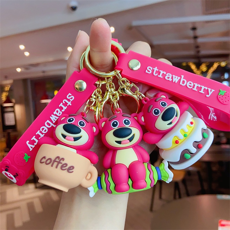 Kartun Strawberry Bear Dessert Keychain Pendant Gantungan Kunci Mobil Bookbag Pendant Key Ring
