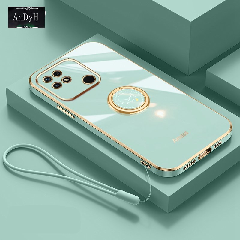 Andyh Casing Ponsel Silikon Ultra Tipis Untuk Xiaomi Redmi 9C 10A 10C Redmi10 Power Deluxe Fall Protection Gold Band Dengan Jam Cincin Dan Lanyard Gratis