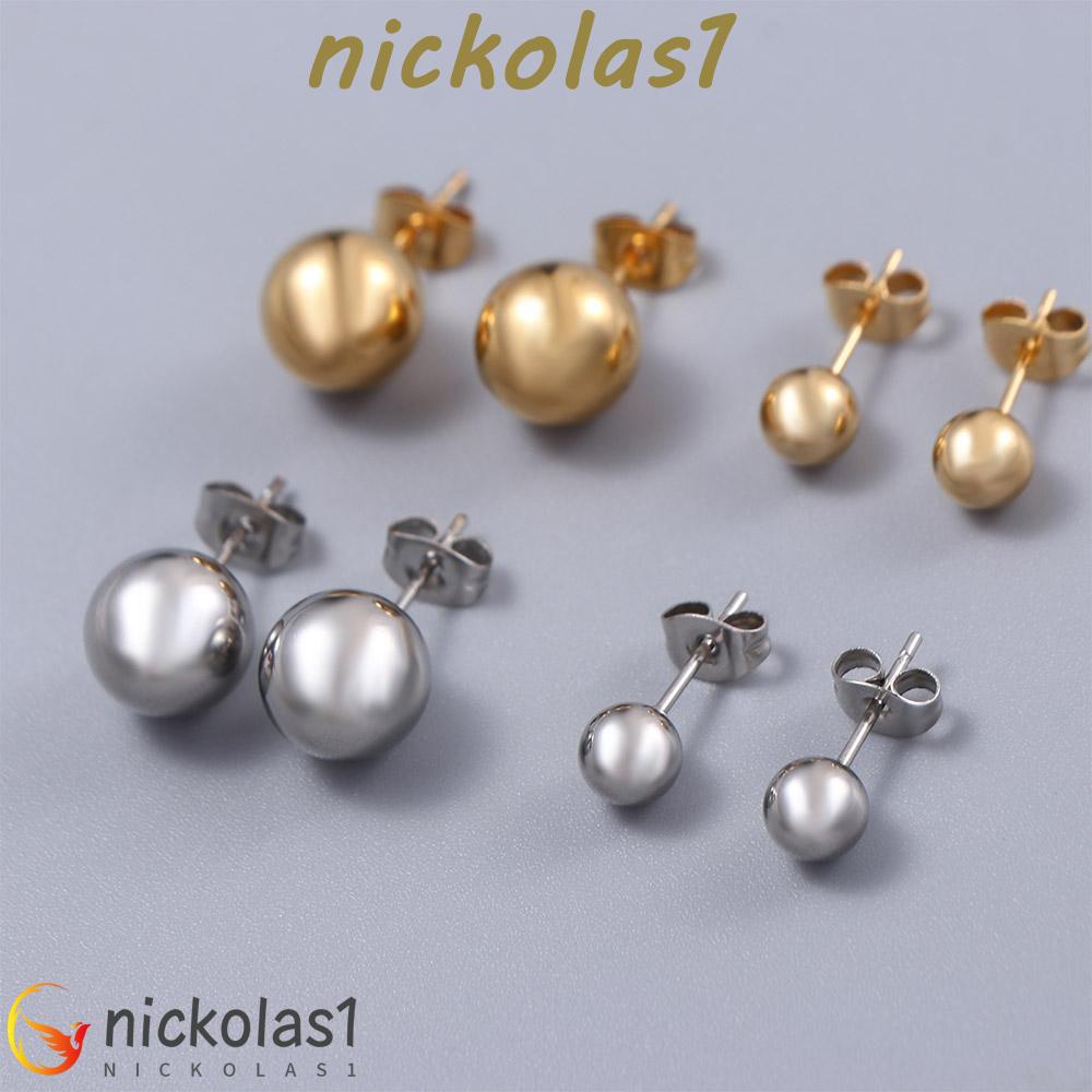 Nickolas1 Anting Mewah Gaya Korea Wanita Bahan Stainless Steel Warna Silver Klasik Bola Kecil