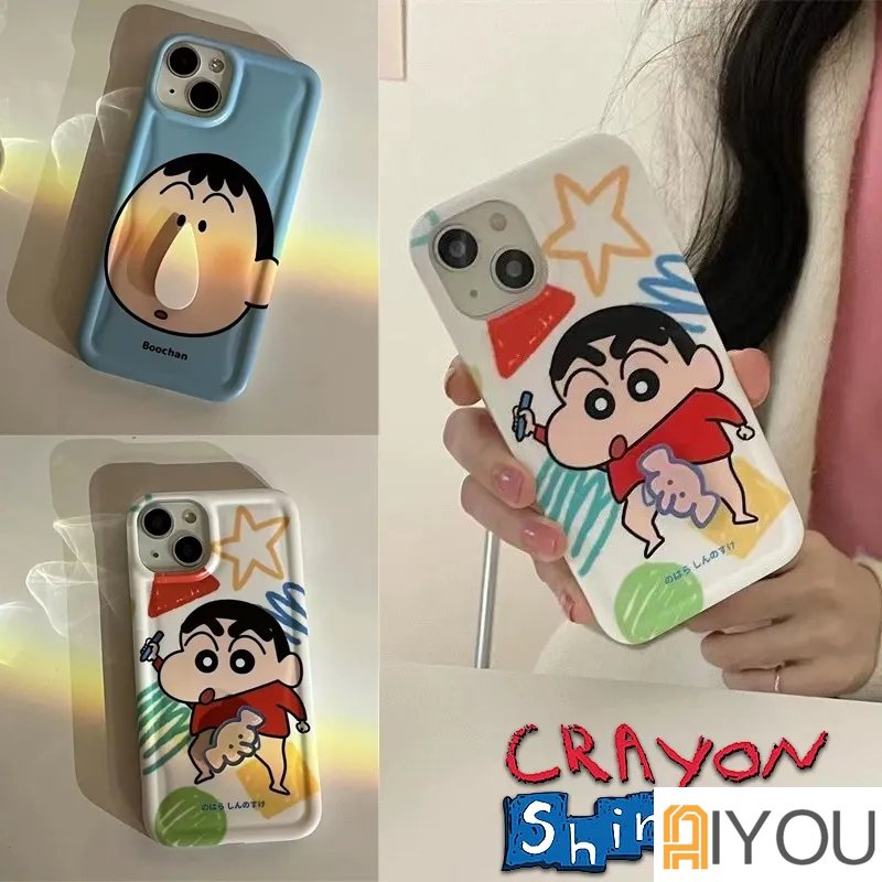 Kreatif Stereopic Berputar Gajah Kecil Ingus Crayon Shin Chan Perlindungan Ponsel Case Kompatibel Untuk iPhone14 14Plus 14 Pro Max 13 12 11 Pro Max XR IX Cakupan Penuh Shockproof Soft Cover