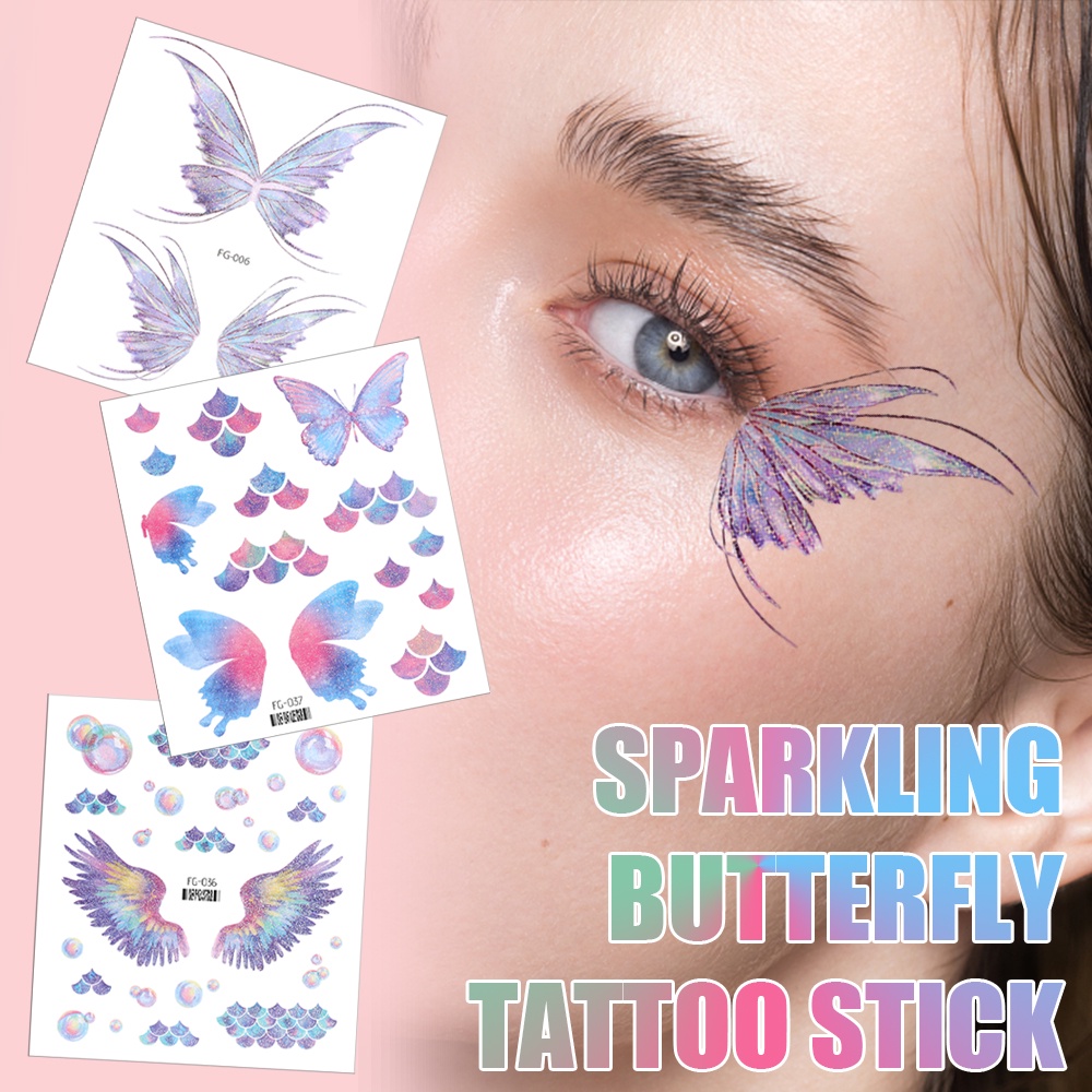 1lembar Wanita Mori Face Glitter Butterfly Temporary Tattoo Stiker/Cewek Tahan Air Kupu-Kupu Bunga Dada, Bahu, Tubuh Seni Tato Palsu Sticker