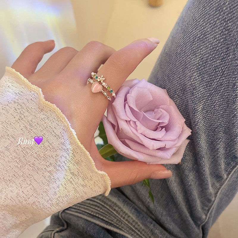 Mewah Pink Kristal Hati Cincin Yang Dapat Disesuaikan Korea Elegan Berlapis Emas Cincin Pertunangan Cincin Berlian Merah Muda Wanita Perhiasan Baru Hadiah Hari Valentine