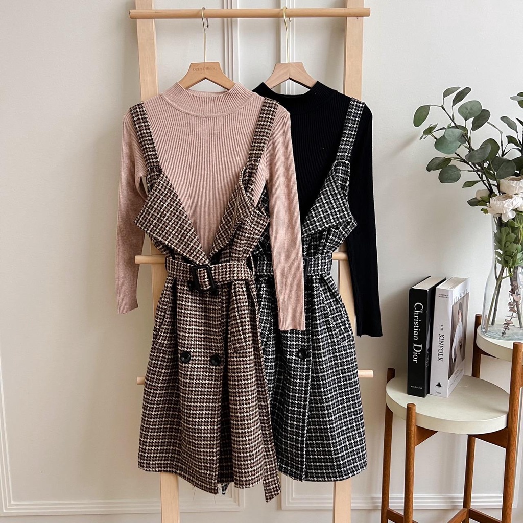 Oclo | Xella Overall Set Knit Tweed Kotak-kotak