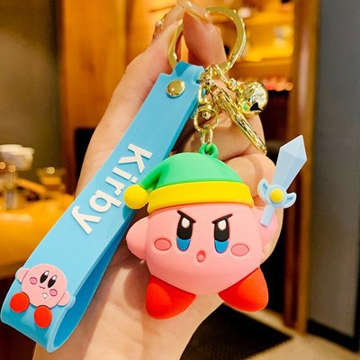 3d Kartun Lucu Merah Muda Kirby PVC Gantungan Kunci Dengan Tali Pergelangan Tangan Anti Hilang Mobil Rumah Gantungan Kunci Tas Telepon Case Bluetooth Earphone Cover Charms Liontin Hadiah Untuk Pria Wanita