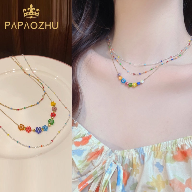 Papaozhu Ins Trendi s925 Perak Pelangi Manik-Manik Bunga Choker Kalung Untuk Wanita Perempuan Korea Fashion Warna-Warni Pesona Kalung Liburan Liburan Perhiasan Hadiah