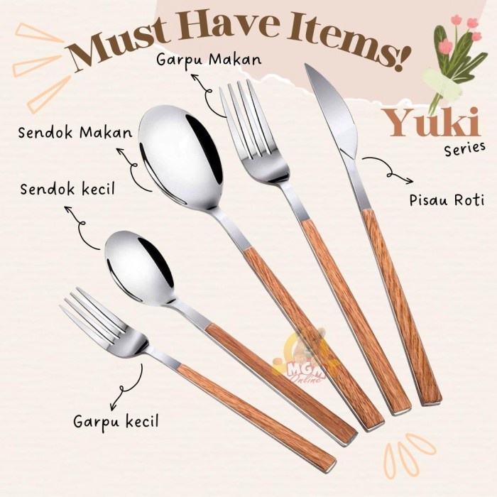 garpu makan Yuki Stainless Steel TEBAL gagang motif kayu ELEGANT