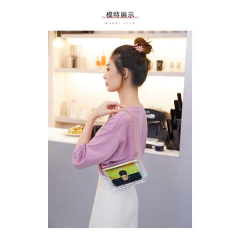KH Tas Selempang Wanita Jelly Bag Motif Garis Laser Pvc Transparan Woman Bag Fashion Terbaru A61