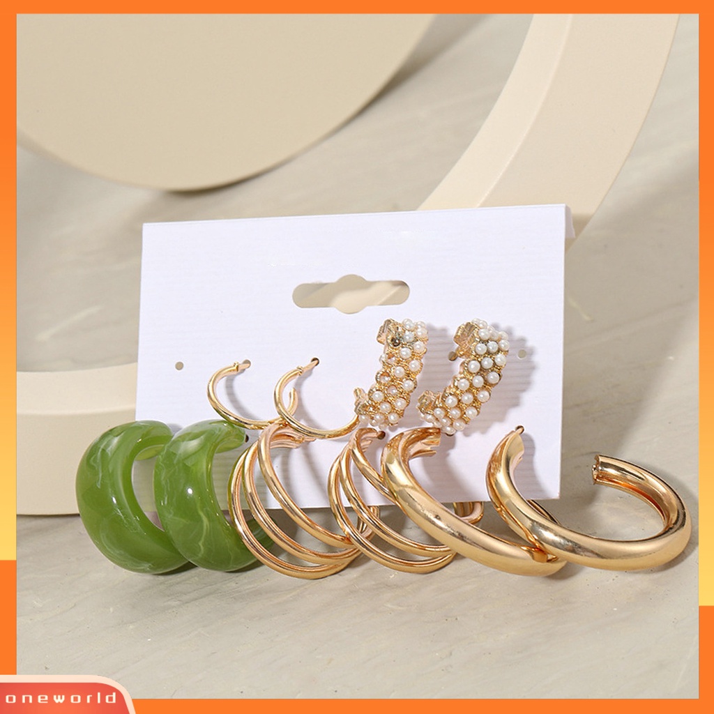 [WOD] 5pasang Anting Hoop Bentuk Bulat Mutiara Imitasi Logam Bohemian Geometri Semua Pertandingan Anting Lingkaran Untuk Pakaian Sehari-Hari