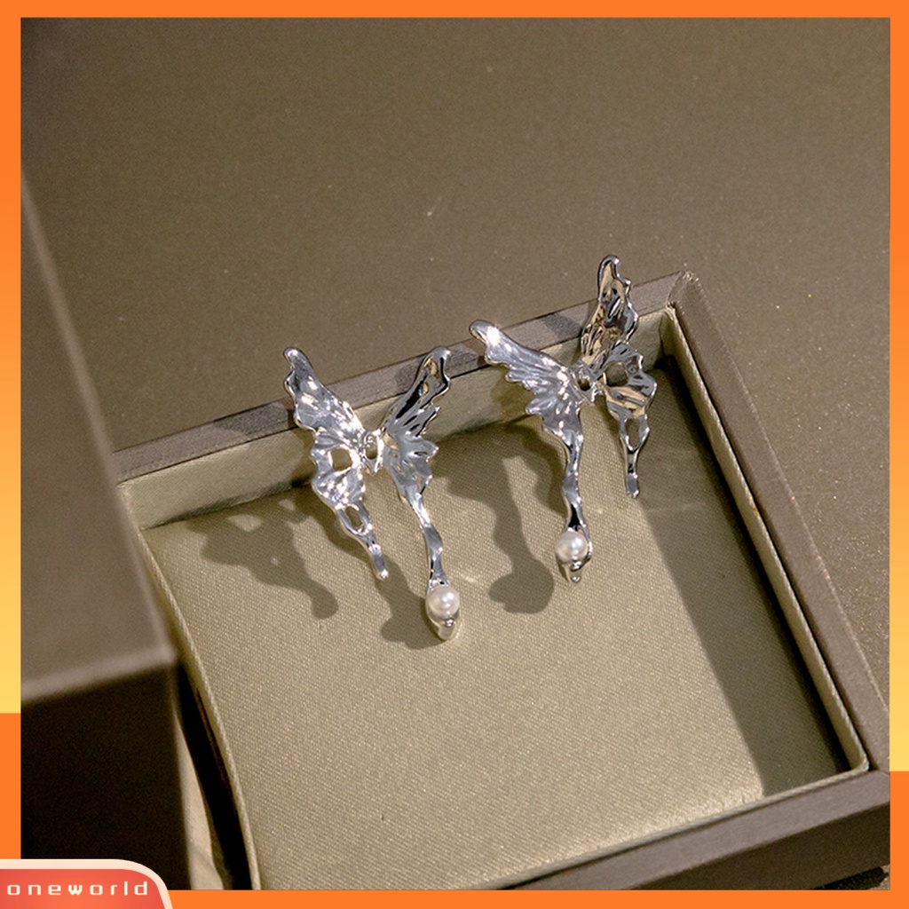 [WOD] 1pasang Bertatahkan Mutiara Imitasi Indah Telinga Studs Negara Cair Logam Kupu-Kupu Bentuk Stud Earrings