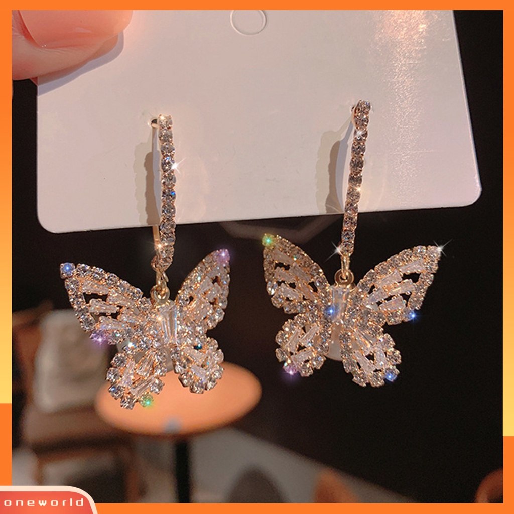 [WOD] 1pasang Anting Wanita Berlian Imitasi Mengkilap Bentuk Kupu-Kupu Anting Menjuntai Indah Untuk Hadiah