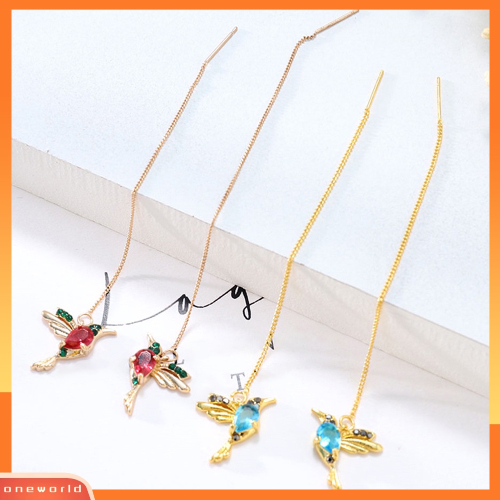 [WOD] Wanita Desain Hummingbird Berlian Imitasi Dekorasi Ear Stud Panjang Rumbai Menjuntai Anting-Anting