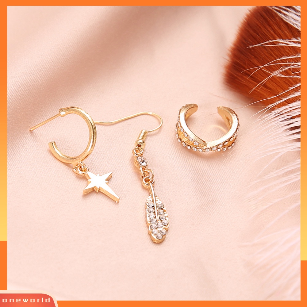 [WOD] 3pcs/set Boho Wanita Berlian Imitasi Bintang Bulu Liontin Menjuntai Kait Anting Perhiasan