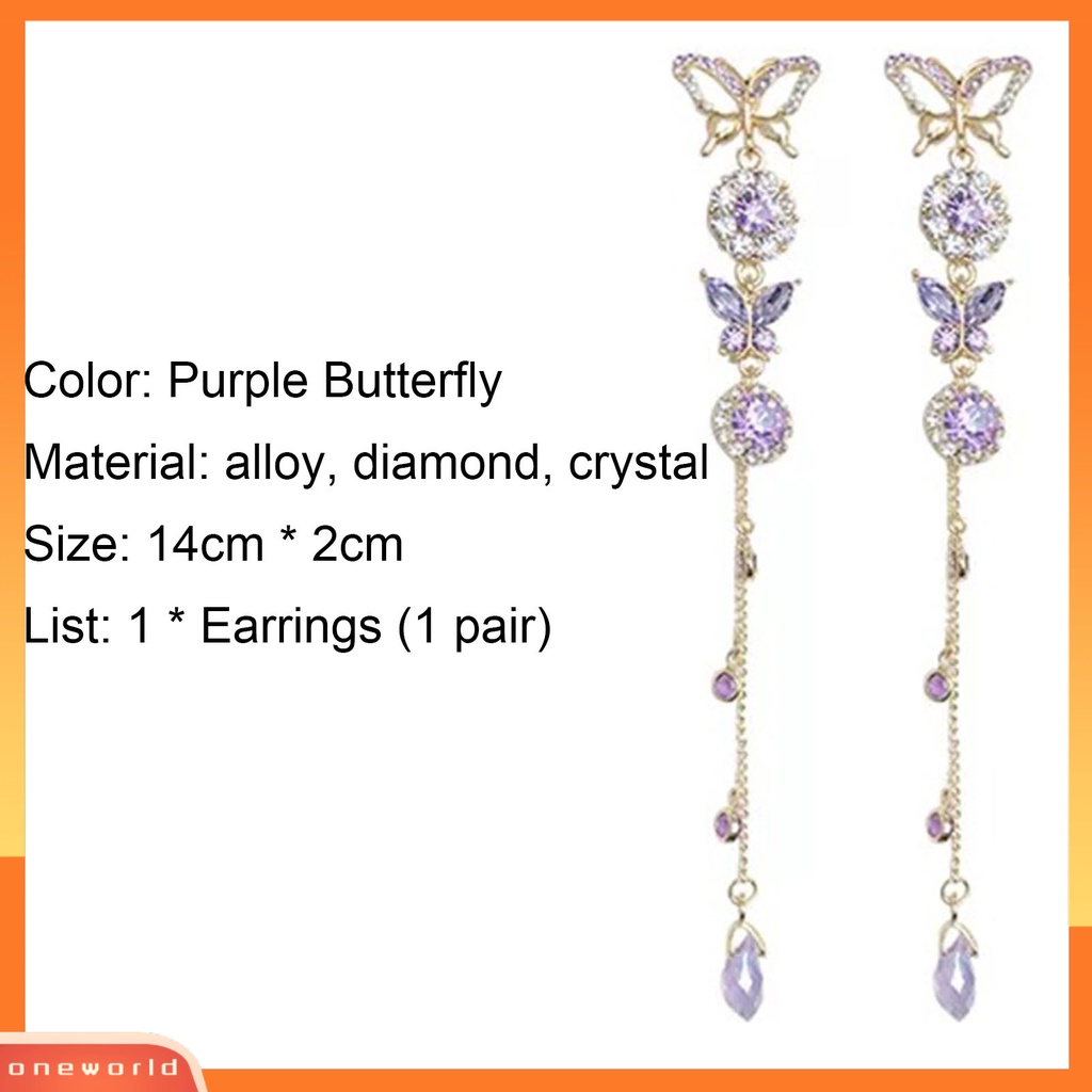 [WOD] 2pcs /Set Anting Elegan Butterfly Alloy Ungu Kristal Imitasi Menjuntai Drop Untuk Anniversary