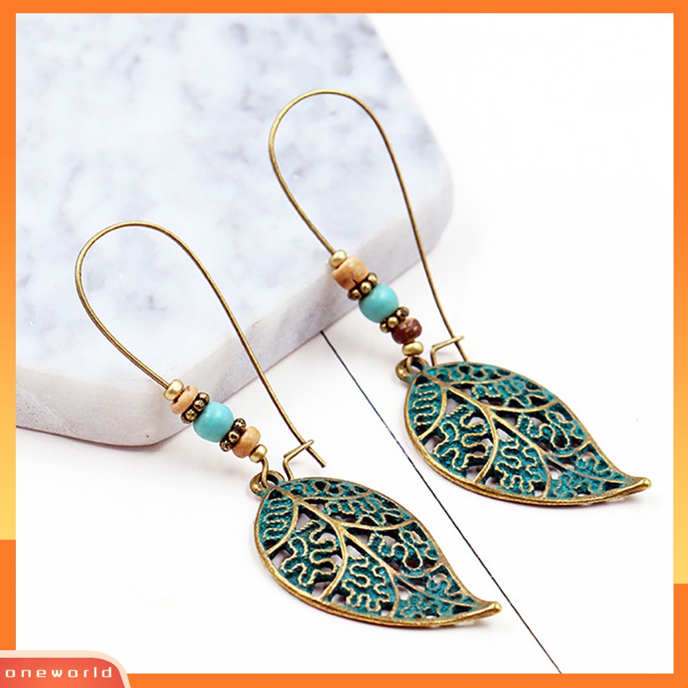 [WOD] Retro Berongga Daun Liontin Imitasi Pirus Manik-Manik Anting Wanita Pernyataan Perhiasan