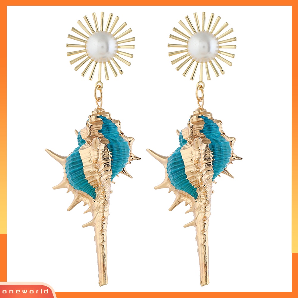 [WOD] Bohemian Pantai Wanita Mutiara Imitasi Hias Keong Liontin Statement Stud Earrings