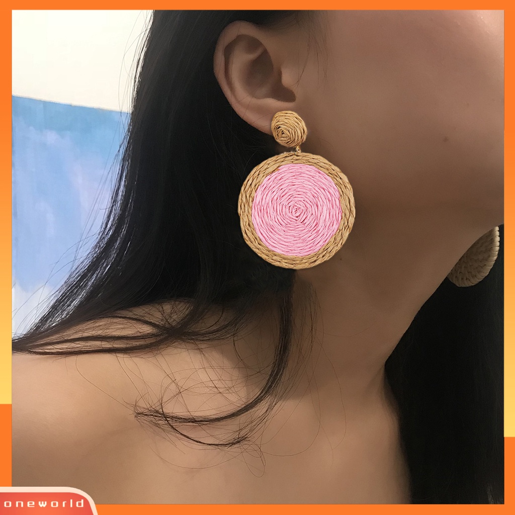 [WOD] 1pasang Anting Menjuntai Anyaman Rotan Warna Cerah Bulat Wanita Drop Earrings Aksesoris Perhiasan Untuk Liburan