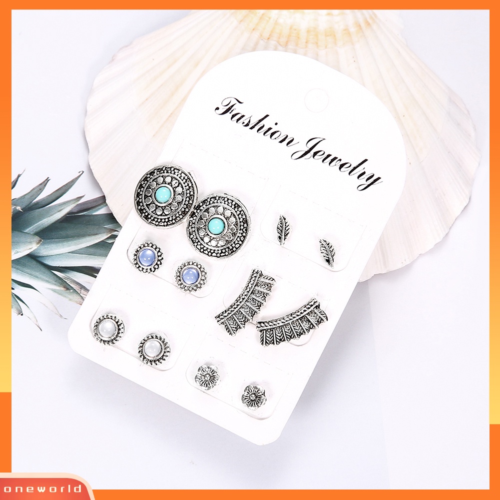 [WOD] 6pasang /Set Retro Bulat Bulu Bunga Manik Stud Anting Wanita Boho Perhiasan Hadiah