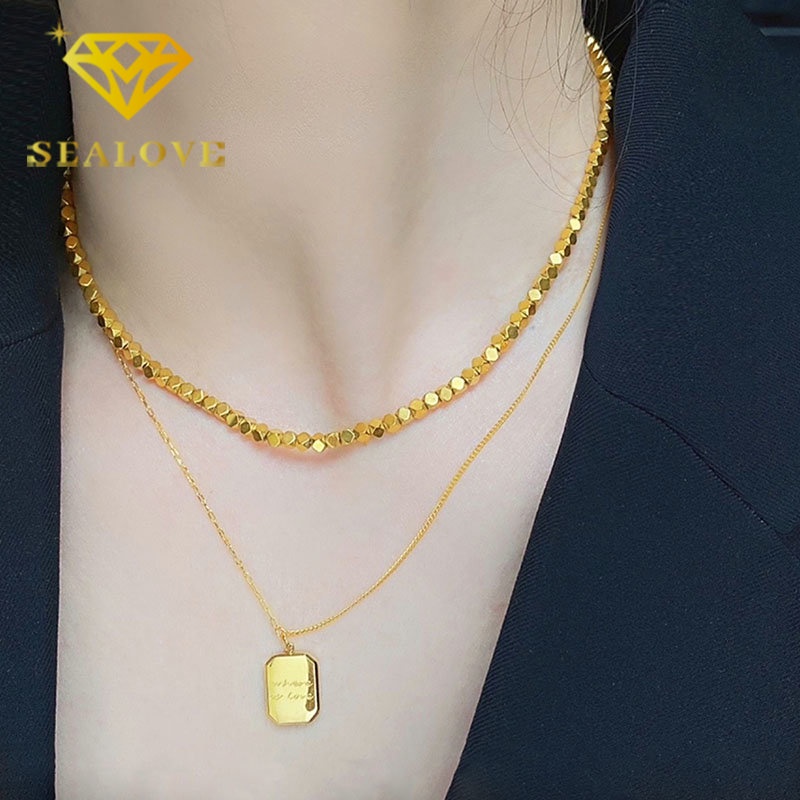 Kalung Titanium Wanita Keberuntungan Kubus Nugget Emas 18K Anti Karat Mewah Korea Aksesoris Perhiasan