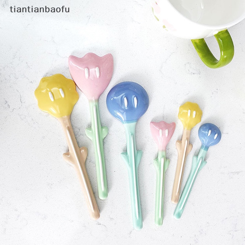 [tiantianbaofu] 1pc Tulip Berbentuk Sendok Keramik 3D Bunga Sendok Kopi Sarapan Dessert Spoon Butik