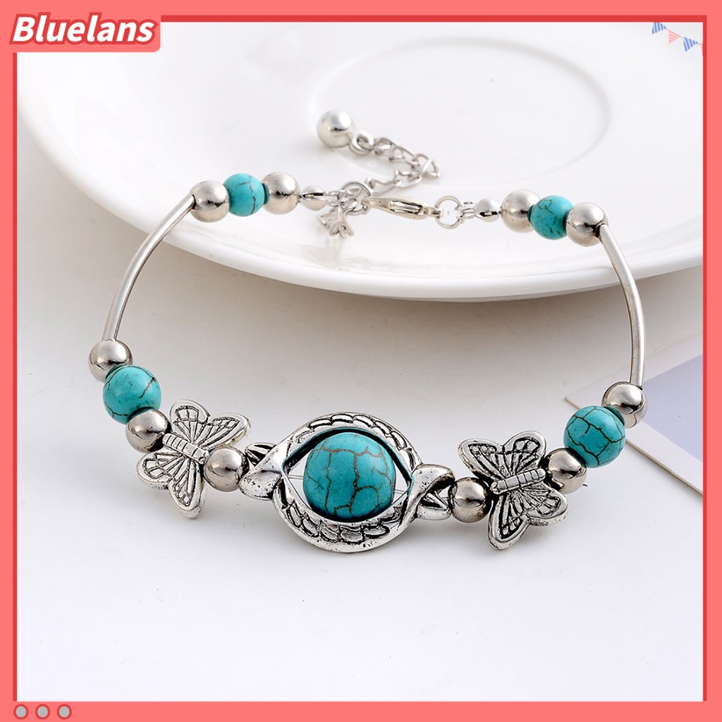 [BLS] Kupu-kupu Dekorasi Adjustable Unisex Gelang Alloy Handmade Turquoises Beads Retro Gelang Perhiasan Aksesoris