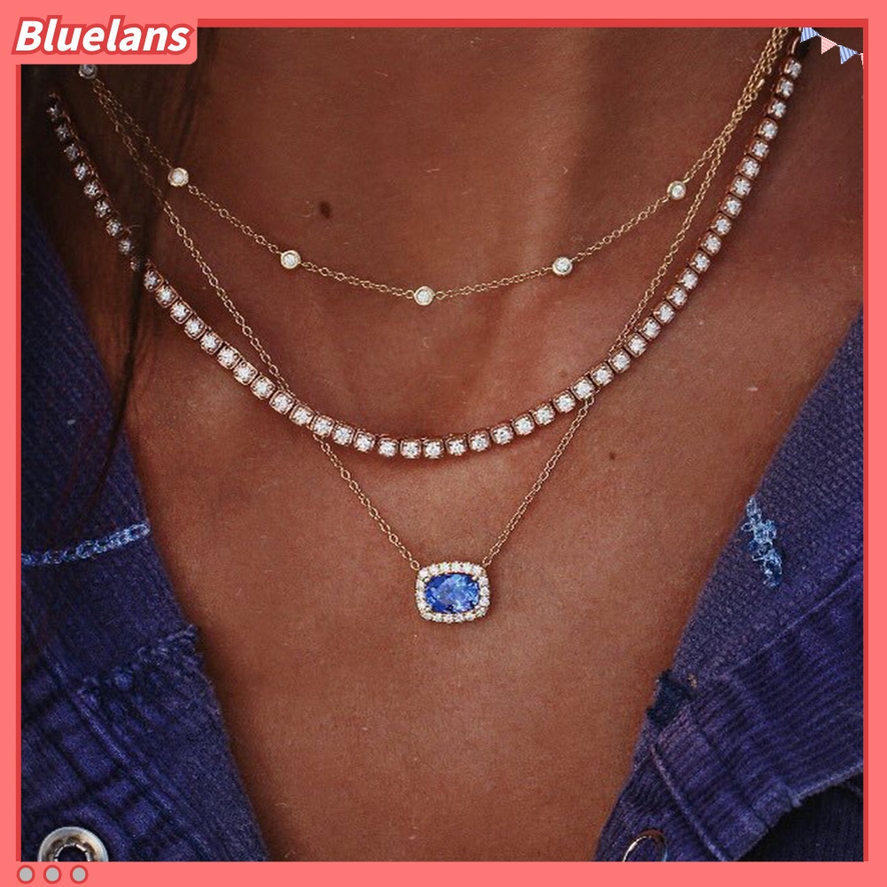 [BLS] Multilayer Imitasi Safir Berlian Imitasi Klavikula Rantai Kalung Wanita Perhiasan Hadiah