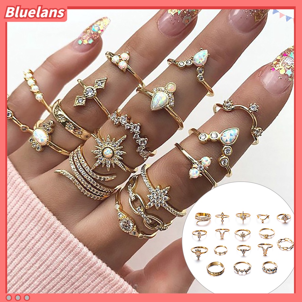 [BLS] 17pcs Cincin Buku Jari Unik Ukir Dapat Ditumpuk Paduan Boho Gaya Etnik Faux Permata Jari Rings Perhiasan Aksesori