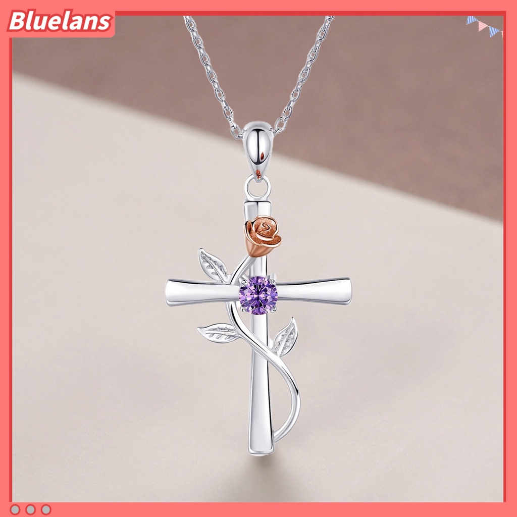 [BLS] Kalung Wanita Novelty High Gloss Silver Plated Cross Rose Flower Kalung Rantai Berlian Imitasi Mengkilap Untuk Pesta
