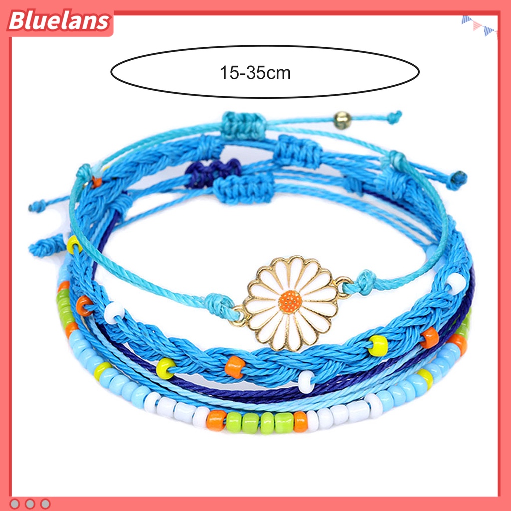 [BLS] 4pcs Wanita Gelang Gaya Bohemian Paduan Tahan Air Tenun Tangan Gelang Braided Bangle Dengan Liontin Set Hadiah Ulang Tahun