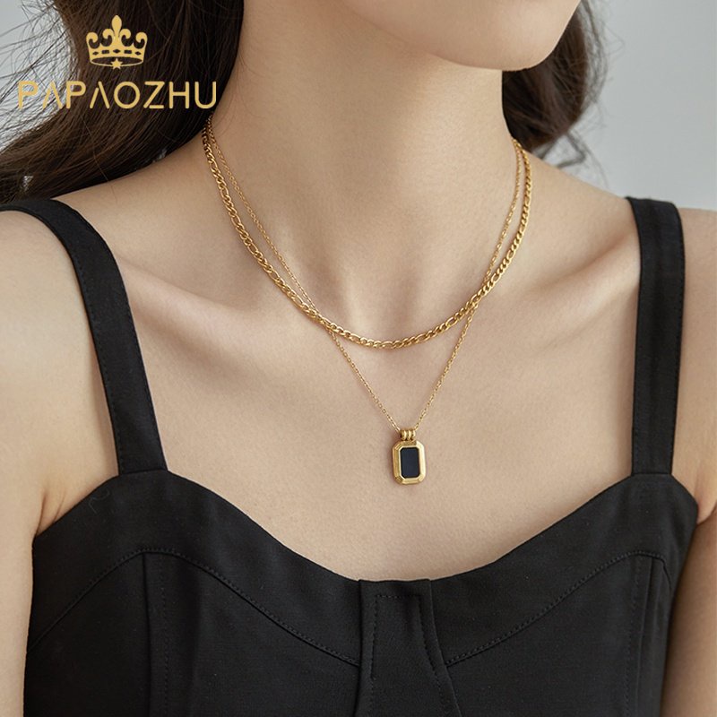 Papaozhu Retro Rantai Ganda Hitam Persegi Liontin Emas Kalung Untuk Wanita Gadis Temperamen Geometris Keringat Rantai Bergaya Leher Perhiasan