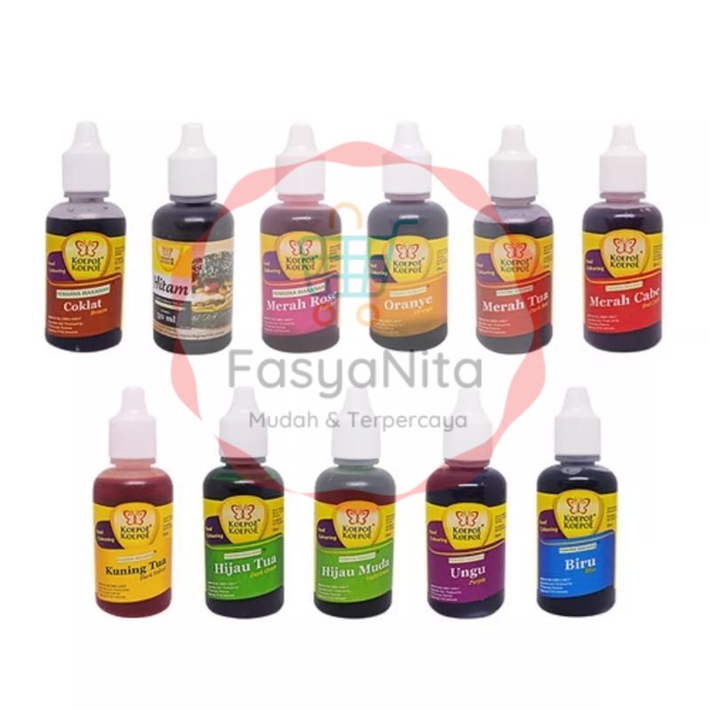 

Pewarna Makanan Minuman Hitam Ungu Biru Merah Rose Kuning Hijau Cokelat Tua Koepoe Kupu 30 ml
