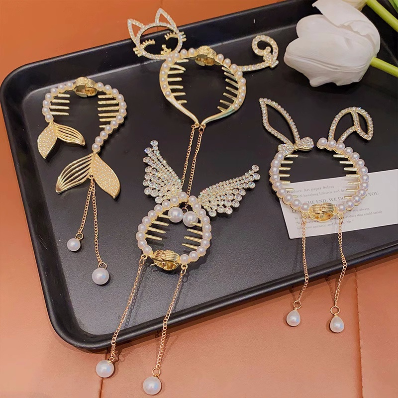 Fringed pearl hairpin girl Lucu Kartun Sayap Malaikat Telinga Kelinci Korea Berkilau Hiasan Rambut Berlian