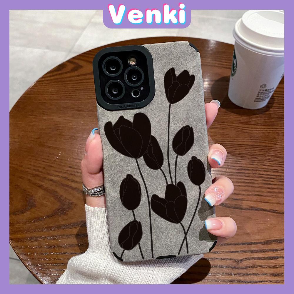 VENKI - Untuk iPhone 11 Case Leather Pupil Suede Case Soft Shockproof Case Camera Simple Black Flower Kompatibel dengan iPhone 14 13 Pro max 12 Pro max xr xs 7Plus 8Plus