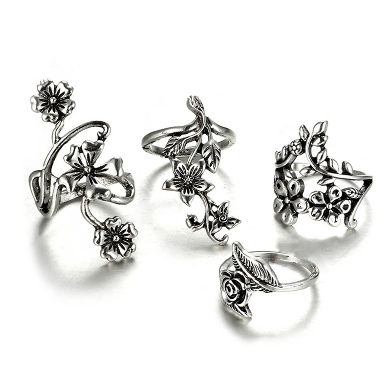 4pcs /Set Antik Perak Bohemia Hollow Bunga Pembukaan Cincin Set Untuk Wanita Floral Knuckle Ring Perhiasan Aksesoris