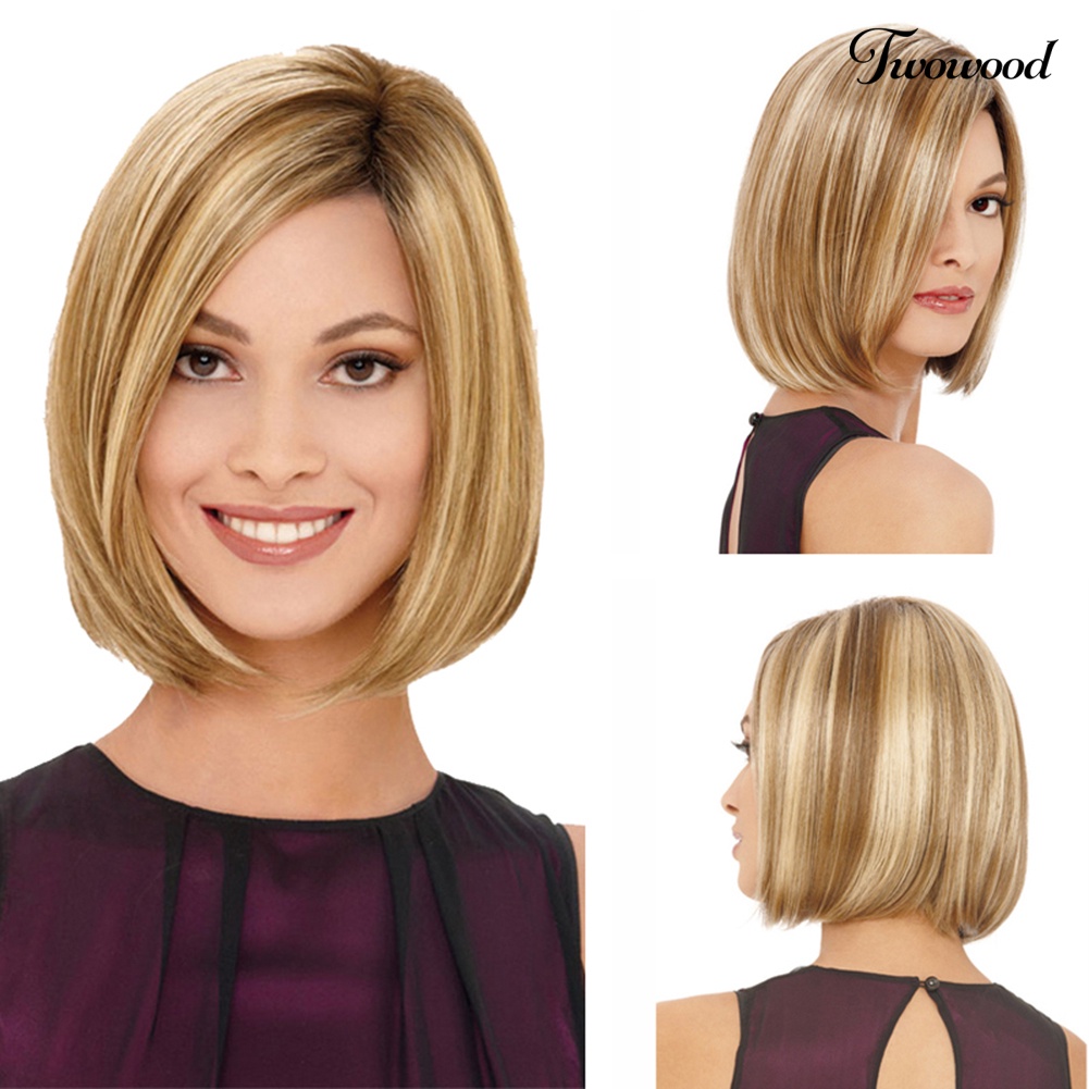 Twowood Fashion Lady Golden Tone Bob Potong Rambut Wig COSPLAY Party Pesta Malam Dekorasi Rambut