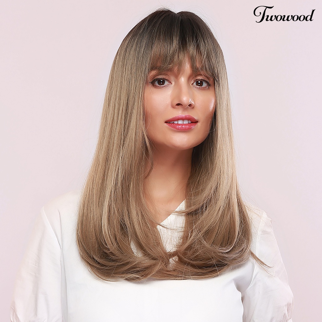 Twowood Fashion Wanita Golden Brown Sintetis Poni Panjang Wig Cosplay Pesta Sopak