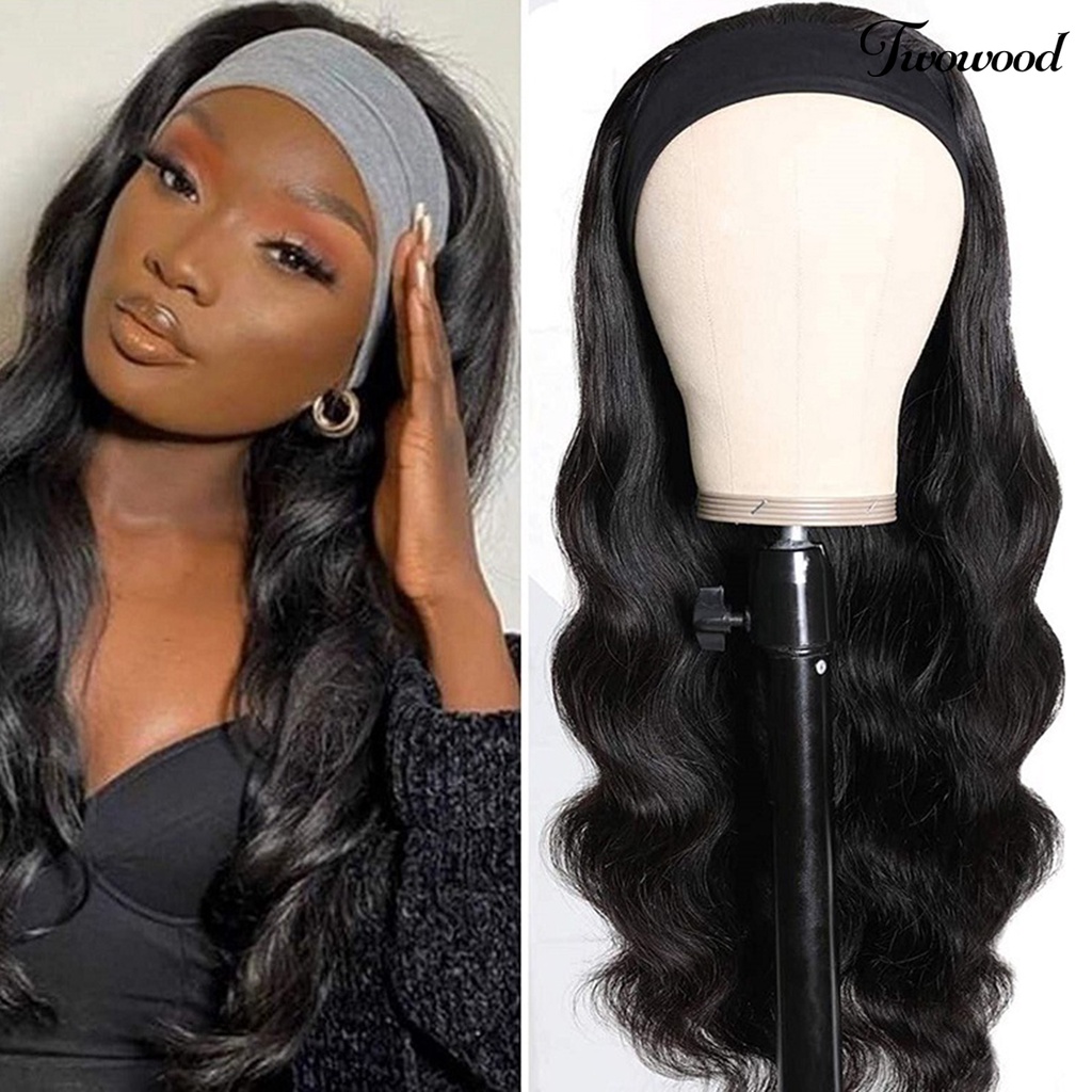 Twowood Wig Pengerjaan Bagus Tipis Serat Suhu Tinggi Wanita Panjang Gelombang Besar Bando Hairpieces Untuk Club