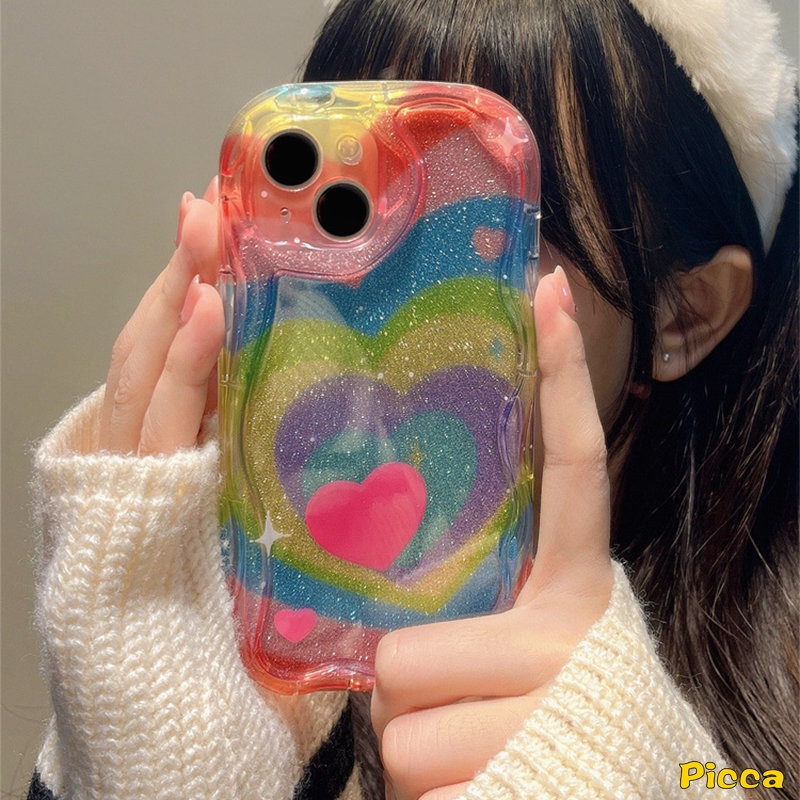 Casing Love Heart Warna Permen Macaron Pelangi Gradasi Kompatibel Untuk iPhone XR 11 Pro Max 7Plus 6s 8 6 7 Plus 14 13 12 Pro Max X XS Max SE 2020 3D Wavy Curved Edge Glossy Cover