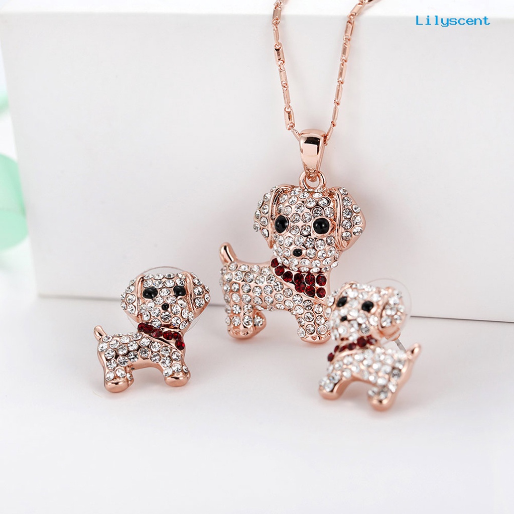 [LS]1 Set Wanita Anjing Kalung Indah Mewah Elegan Dainty Golden Hadiah Padat Berlian Imitasi Bertatahkan Puppy Stud Earrings Kit Fashion Perhiasan