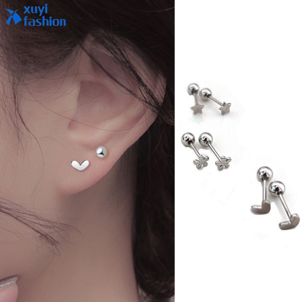 Anting Perak Kupluk Korea Hati Pentagram Stud Earrings Untuk Wanita Aksesoris Perhiasan Fashion