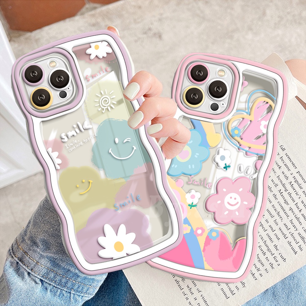 Redmi Note12 4G Note12 Pro Note11 Note11S Redmi 10 10C 10A 9C 9A 9T Note10 Note9 Note8 Poco M5S M3 Pro X3 NFC Redmi A1 A2 Rainbow Smiley Lucu Lembut Tpu Wavy Edge Flower Case BY